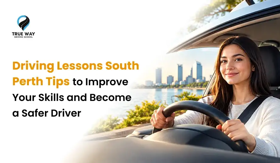 Young woman smiling while driving near water with city skyline, accompanied by text about South Perth driving lessons and safety tips.